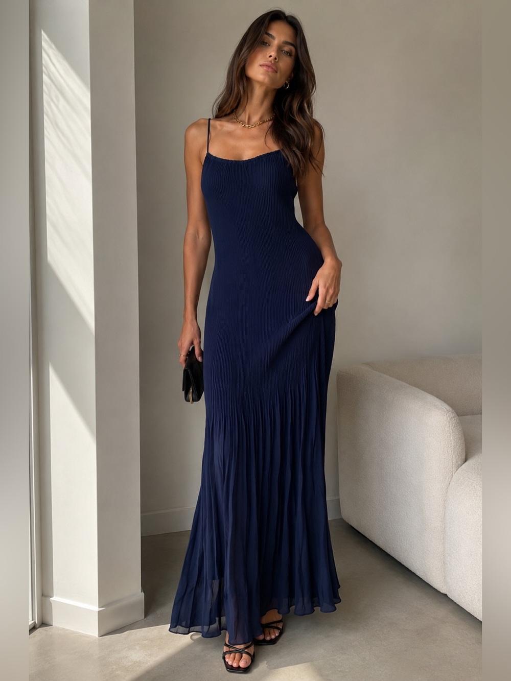 Massimo Dutti Navy Pleated Chiffon Maxi Dress Size S